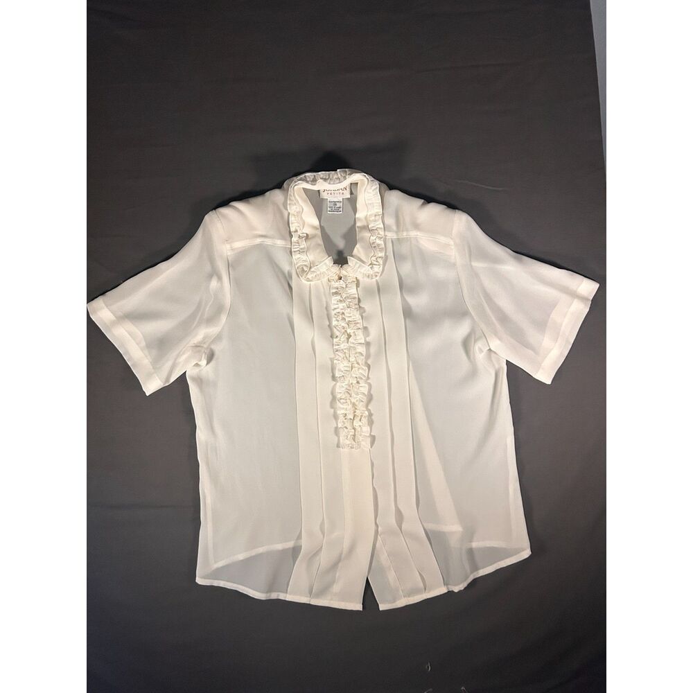 Vintage 80s 90s Cream Ruffle Blouse Sheer Coquette Poet Office Top 14P Romantic
